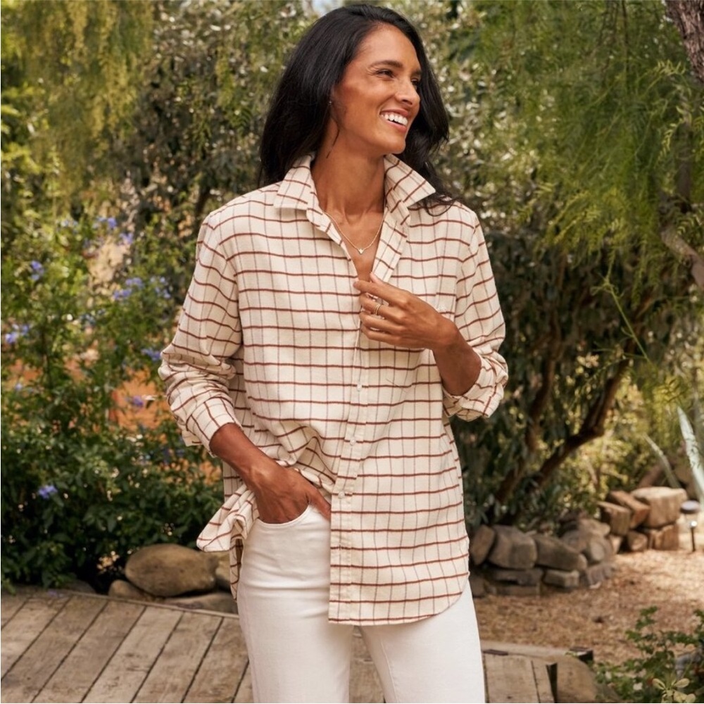 Frank & Eileen Joedy Button Up Shirt M Cream Brown Windowpane Cotton Boyfriend